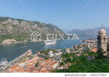 Panoramic view of Kotor Bay with cruise ship and old town rooftops, Montenegro Panoramic view of Kotor Bay with cruise ship and old town rooftops, Montenegro 140217093