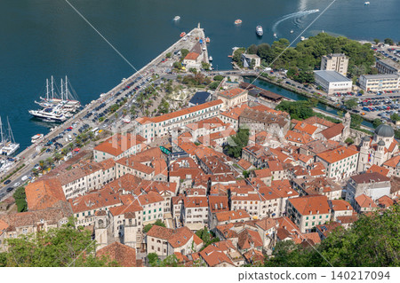 Aerial view of Kotor old town rooftops and marina on the Bay of Kotor, Montenegro 140217094