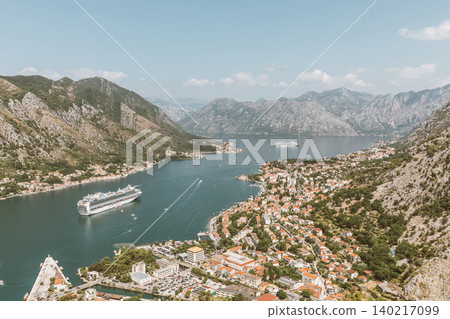 Panoramic view of Kotor Bay with cruise ships and mountains, Montenegro Panoramic view of Kotor Bay with cruise ships and mountains, Montenegro 140217099