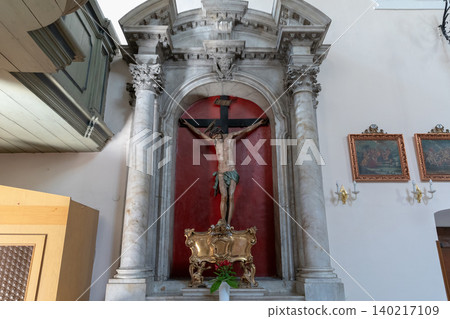 Crucifix altar inside Church of Saint Nicholas in Kotor old town interior Crucifix altar inside Church of Saint Nicholas in Kotor old town interior 140217109