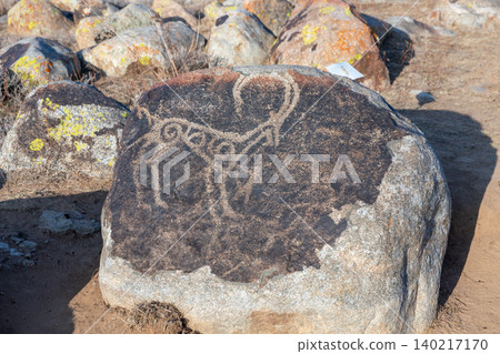 Ancient petroglyphs on stone at Cholpon-Ata open-air museum, Kyrgyzstan Ancient petroglyphs on stone at Cholpon-Ata open-air museum, Kyrgyzstan 140217170