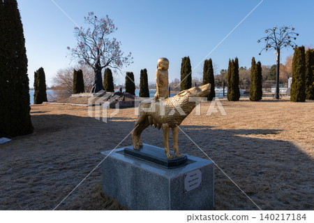 Golden statue at Rukh Ordo cultural complex on the shore of Issyk-Kul Lake Golden statue at Rukh Ordo cultural complex on the shore of Issyk-Kul Lake 140217184