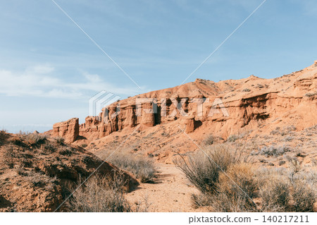 Red sandstone cliffs and desert trail in Mars Canyon, Kyrgyzstan landscape Red sandstone cliffs and desert trail in Mars Canyon, Kyrgyzstan landscape 140217211