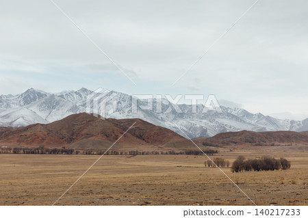 Wide steppe valley with snowy Tien Shan mountains under cloudy sky in Kyrgyzstan Wide steppe valley with snowy Tien Shan mountains under cloudy sky in Kyrgyzstan 140217233