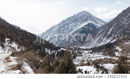 Winter mountain valley landscape in Ala Archa National Park near Bishkek 140217323