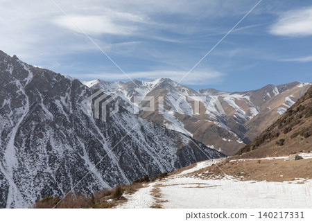 Snowy mountain ridge landscape in Ala Archa National Park near Bishkek 140217331
