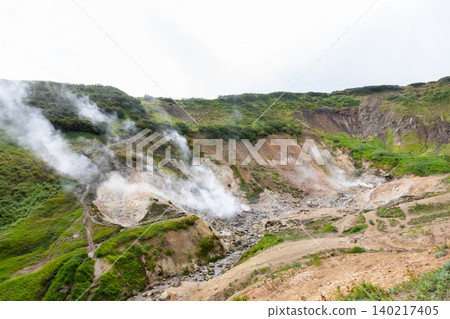 Steaming geothermal valley with hot springs and fumaroles in Kamchatka landscape Steaming geothermal valley with hot springs and fumaroles in Kamchatka landscape 140217405