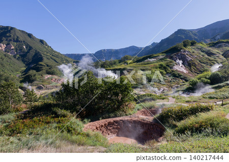 Geothermal steam vents and hot springs in Valley of Geysers, Kamchatka landscape Geothermal steam vents and hot springs in Valley of Geysers, Kamchatka landscape 140217444