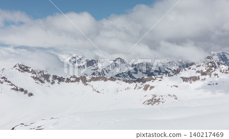 Panoramic view from cable car lifts to Mount Elbrus snowy peaks in Caucasus 140217469