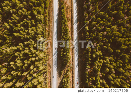 Aerial view of highway through autumn forest in Sverdlovsk Oblast countryside 140217506