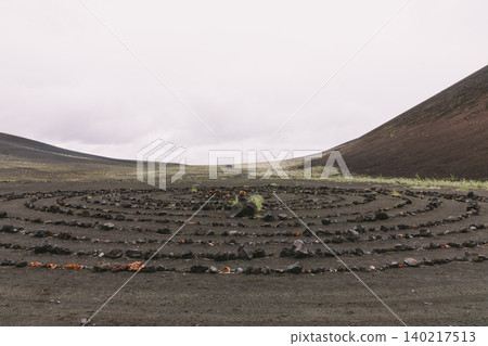 Stone spiral labyrinth on volcanic ash field in Tolbachinsky Dol valley, Kamchatka Stone spiral labyrinth on volcanic ash field in Tolbachinsky Dol valley, Kamchatka 140217513