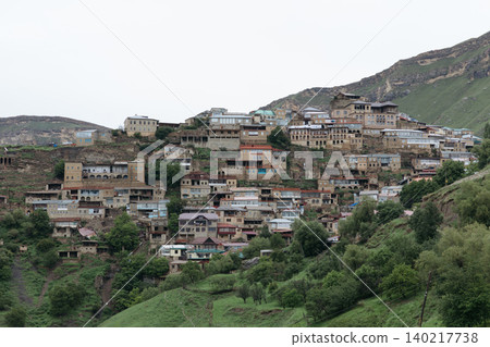 Panoramic view of Chokh village hillside houses in Dagestan, Caucasus Mountains 140217738