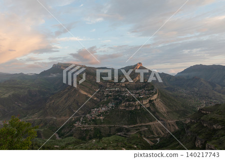 Panoramic view of Gunib village on mountain plateau at sunset, Dagestan 140217743