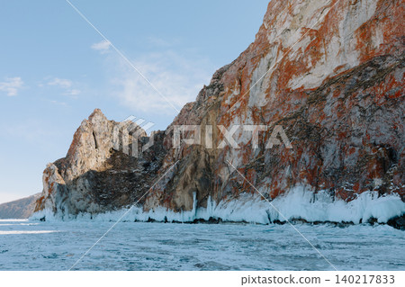 Winter cliffs and frozen shoreline at Cape Three Brothers on Lake Baikal, Russia Winter cliffs and frozen shoreline at Cape Three Brothers on Lake Baikal, Russia 140217833