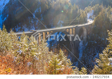 View of Wiesen Viaduct, Rhaetian railway, Graubunden in Switzerland at winter View of Wiesen Viaduct, Rhaetian railway, Graubunden in Switzerland at winter 140217934