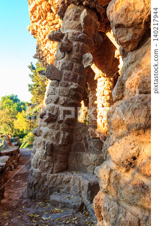 Columns designed by Antoni Gaudi in park Guell in Barcelona, Spain 140217944