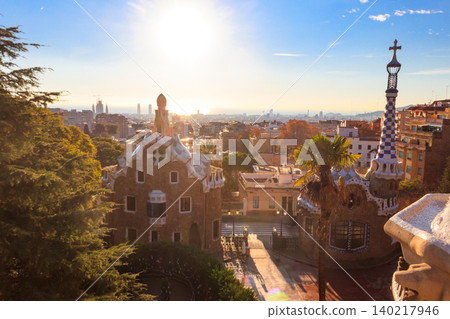View of fairytale gingerbread houses in Park Guell designed by Antoni Gaudi in Barcelona, Spain 140217946
