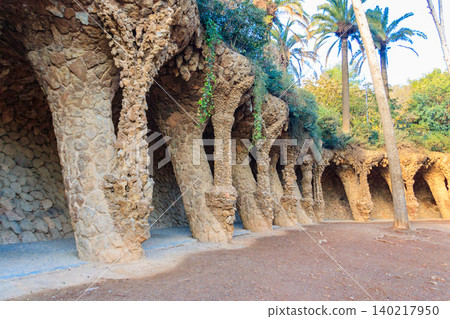 Columns designed by Antoni Gaudi in park Guell in Barcelona, Spain 140217950