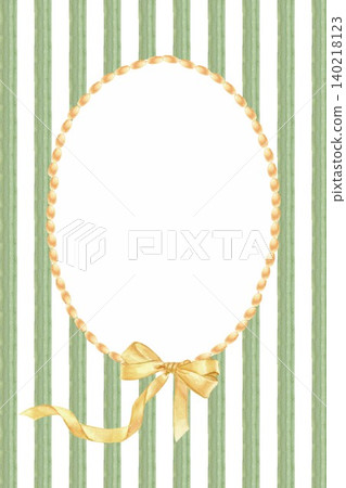 A vertical oval frame with space for text, decorated with yellow beads and a bow on a green striped background, hand-painted in watercolor. Simple cottagecore clip art for design. 140218123