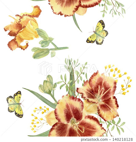 A seamless pattern, hand-painted in watercolor, depicts red and yellow daylily flowers, gypsophila branches, and butterflies on an isolated background. A simple botanical illustration for design . A seamless pattern, hand-painted in watercolor, depicts red and yellow daylily flowers, gypsophila branches, and butterflies on an isolated background. A simple botanical illustration for design . 140218128