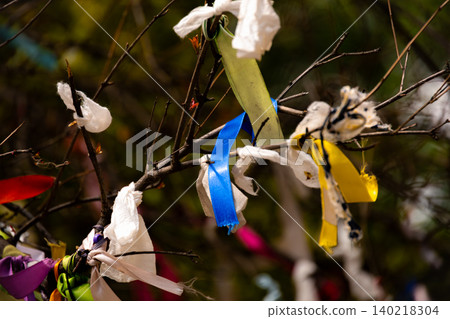 Colorful Ribbons and Fabric Strips Tied to Tree Branches Colorful Ribbons and Fabric Strips Tied to Tree Branches 140218304