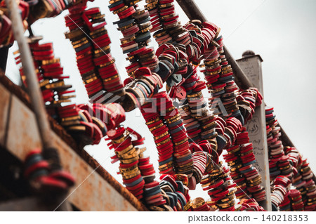 Colorful Padlocks of Love Attached to Metal Structure Colorful Padlocks of Love Attached to Metal Structure 140218353