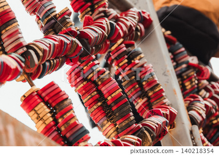 Colorful Padlocks of Love Attached to Metal Structure Colorful Padlocks of Love Attached to Metal Structure 140218354