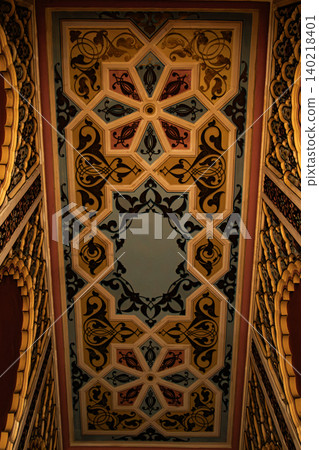 Ornate Decorative Ceiling with Geometric Floral Patterns and Traditional Arabesque Motifs 140218401