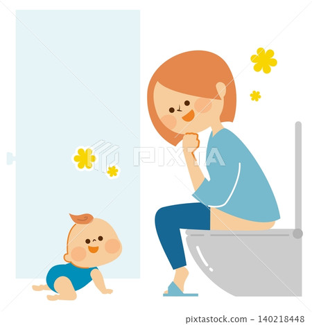 Mom opening the bathroom door to reassure her baby (illustration) Mom opening the bathroom door to reassure her baby (illustration) 140218448