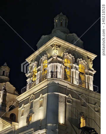 Cordoba, Argentina - April 10, 2026: Cathedral dome illuminated in Plaza San Martin Cordoba, Argentina - April 10, 2026: Cathedral dome illuminated in Plaza San Martin 140218528