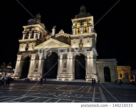 Cordoba, Argentina - April 10, 2026: Frontal view of the Cathedral of Cordoba at night Cordoba, Argentina - April 10, 2026: Frontal view of the Cathedral of Cordoba at night 140218533