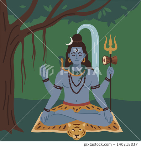 Majestic vector illustration of lord shiva meditating in deep tranquility under a sacred tree, with the divine ganga river flowing gracefully from his hair, artistic spiritual design Majestic vector illustration of lord shiva meditating in deep tranquility under a sacred tree, with the divine ganga river flowing gracefully from his hair, artistic spiritual design 140218837
