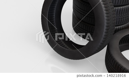 Stacked Black Car Tires For Automotive Service 3d render. Stacked Black Car Tires For Automotive Service 3d render. 140218916
