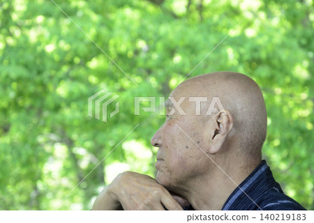 An elderly person relaxing amidst the fresh greenery, with a smile on their face. An elderly person relaxing amidst the fresh greenery, with a smile on their face. 140219183