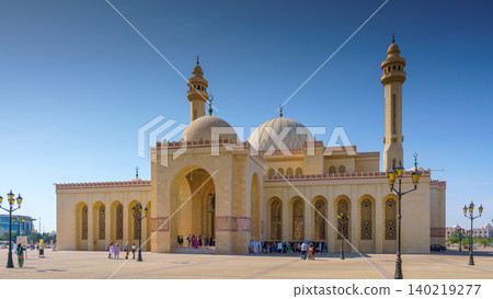 Manama, Bahrain - Jan 15 2024, a panoramic bottom up view of the Al Fateh Grand Mosque, Al Fateh Islamic Center, at daytime with blue sky, Manama, Bahrain Manama, Bahrain - Jan 15 2024, a panoramic bottom up view of the Al Fateh Grand Mosque, Al Fateh Islamic Center, at daytime with blue sky, Manama, Bahrain 140219277