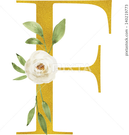 A transparent background illustration featuring the letter F in gold and a white rose. A transparent background illustration featuring the letter F in gold and a white rose. 140219773