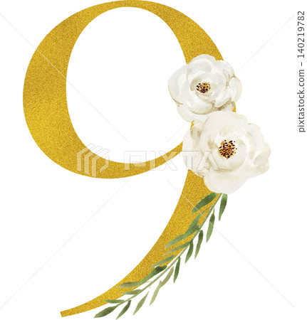 A transparent background illustration featuring the number 9 in gold and white roses. A transparent background illustration featuring the number 9 in gold and white roses. 140219782