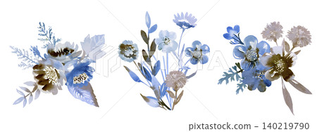 Blue watercolor flower bouquet set Blue watercolor flower bouquet set 140219790