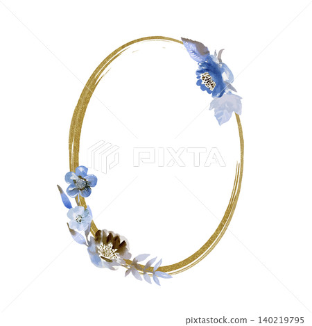 金色橢圓形相框，飾以水彩風格的藍色花朵和葉子。 140219795