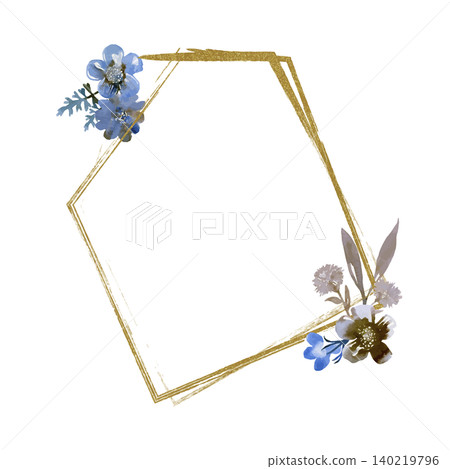 A golden hexagonal frame with watercolor-style blue flowers and leaves. A golden hexagonal frame with watercolor-style blue flowers and leaves. 140219796
