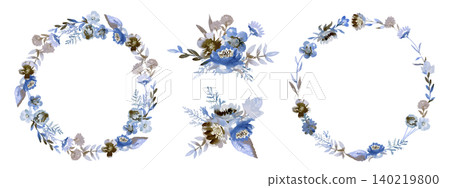 A set of a watercolor-style blue flower and leaf frame and bouquet. A set of a watercolor-style blue flower and leaf frame and bouquet. 140219800