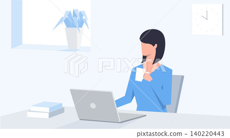 Vector illustration of a woman working remotely by a window with plants. Vector illustration of a woman working remotely by a window with plants. 140220443