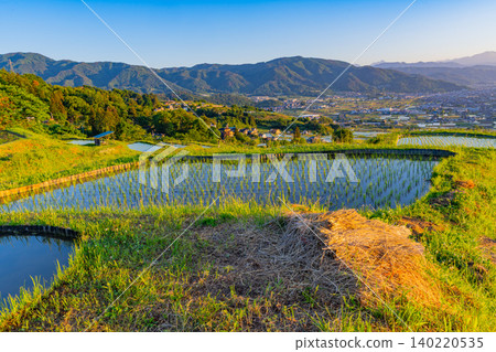 [Nagano Prefecture] Rice planting has begun in the terraced rice fields of Obasute in the early morning. 140220535