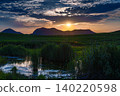 In early summer on the Soni Plateau, the setting sun peeks out from between golden clouds and sinks behind the Soni mountain range, the sun shining brightly at the mountain's edge. 140220598
