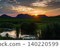 Early summer on the Soni Plateau: The setting sun peeks out from between golden clouds and sinks behind the Soni mountain range; the sun shines brightly on the ridgeline ① 140220599