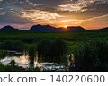 Early summer on the Soni Plateau: The setting sun peeks out from between golden clouds and sinks behind the Soni mountain range; the sun shines brightly on the ridgeline (Part 2) 140220600