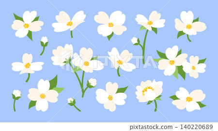 Cartoon set of white jasmine flower illustrations in different positions. Parts of the plant, bud, inflorescence, stem, leaf. Vector elements for decoration, design of invitations, greeting cards, ect Cartoon set of white jasmine flower illustrations in different positions. Parts of the plant, bud, inflorescence, stem, leaf. Vector elements for decoration, design of invitations, greeting cards, ect 140220689