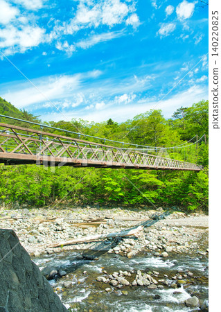 Nanatsuiwa Suspension Bridge, spanning the Hoki River in Shiobara Onsen, Nasushiobara City, Tochigi Prefecture. Nanatsuiwa Suspension Bridge, spanning the Hoki River in Shiobara Onsen, Nasushiobara City, Tochigi Prefecture. 140220825