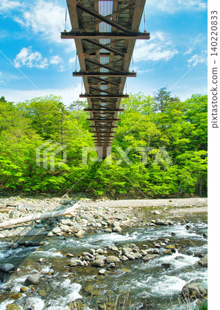 Nanatsuiwa Suspension Bridge, spanning the Hoki River in Shiobara Onsen, Nasushiobara City, Tochigi Prefecture. Nanatsuiwa Suspension Bridge, spanning the Hoki River in Shiobara Onsen, Nasushiobara City, Tochigi Prefecture. 140220833