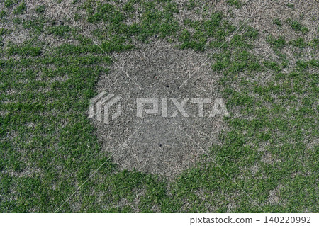 Damage to the natural grass on the sports field, with the center worn down in a circular pattern due to intense practice. 140220992